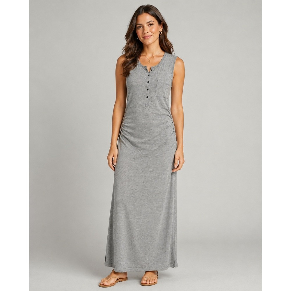 Athleta Sleeveless Maxi Dress Womens Medium Gray Microstripe Ruched‎ Side